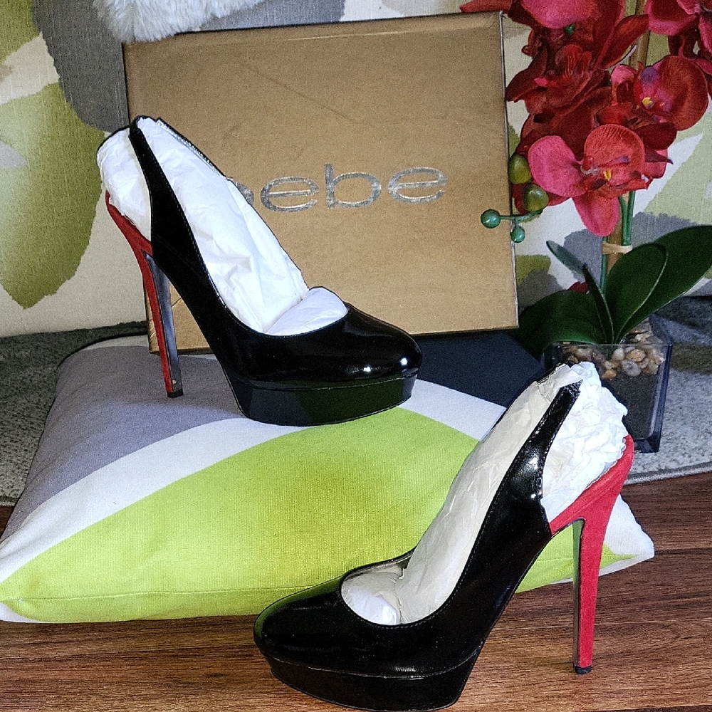 Bebe Black and Red Patent Leather Platform Heels
